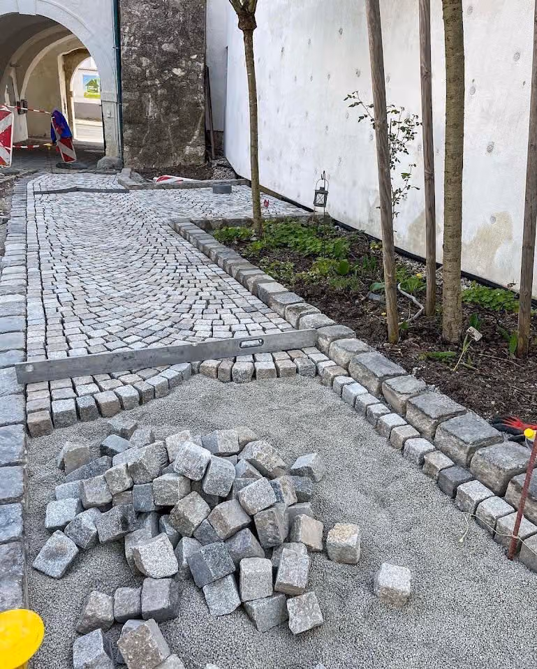 Fertiger Mosaikpflasterweg zwischen frisch gepflanzter Baumreihe und Hauswand