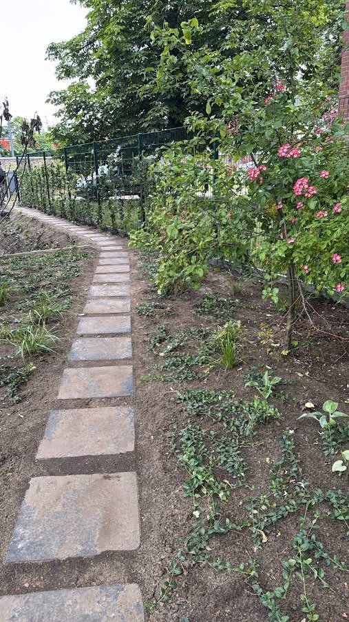Trittplattenweg führt durch ein Rosenbeet mit Rindenmulch zum Sitzplatz