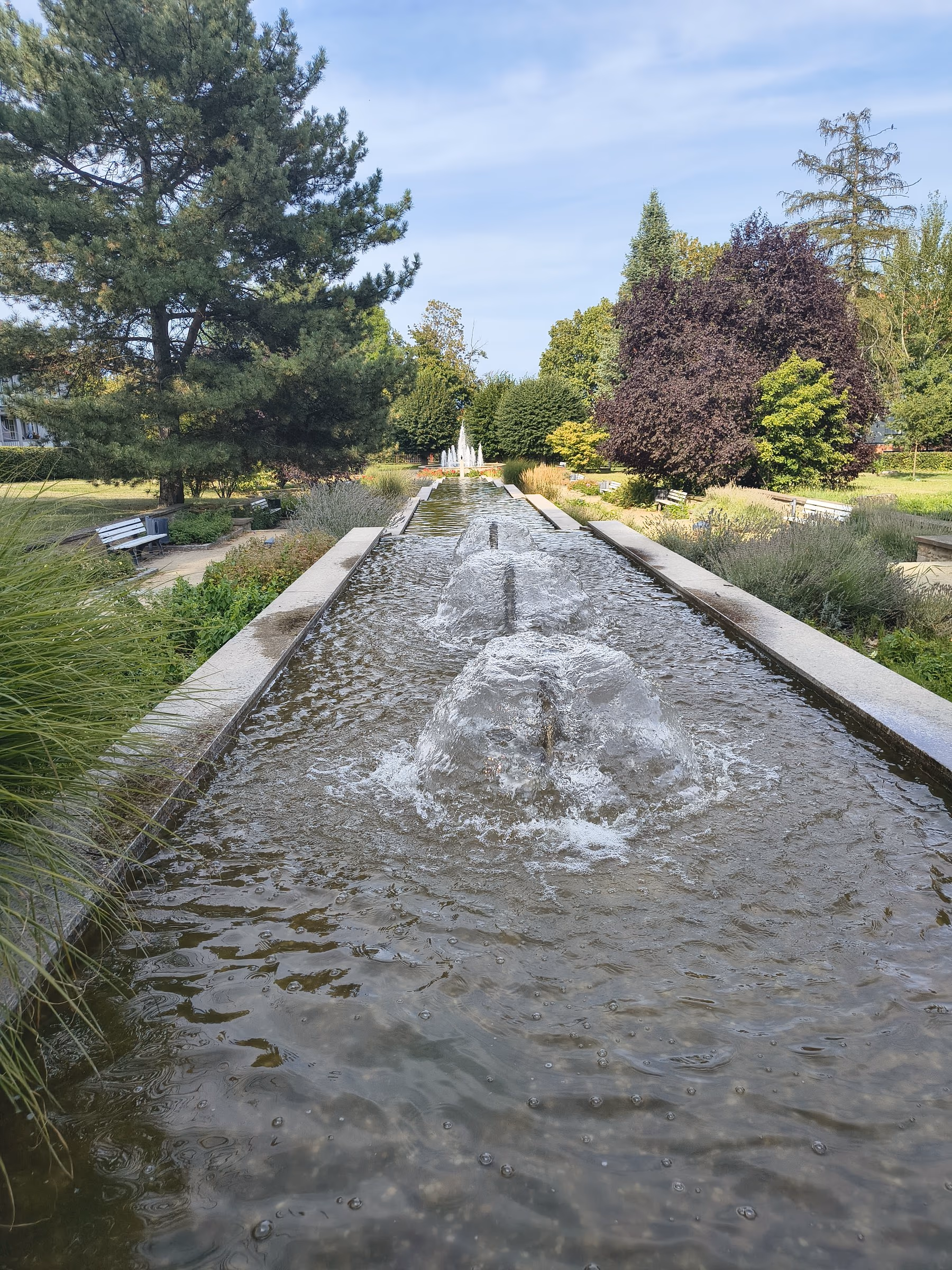 Langes, gerade gefasstes Wasserbecken mit Fontänen, links und rechts symmetrische Staudenbänder, am Ende eine Fontäne vor geschnittener Hecke